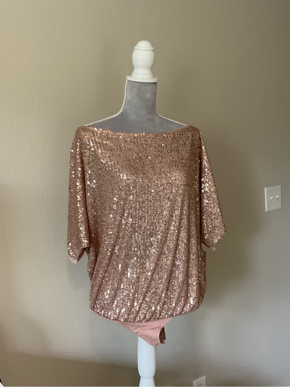Sequin Boatneck Dolman Top in Rose Gold